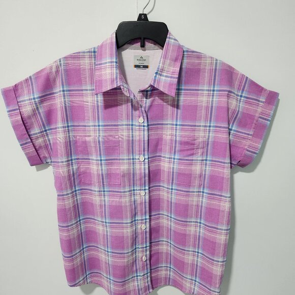 Ridgecut Tops - Ridgecut Women's Dobby Plaid Pink and White Short Cap Sleeve Work Shirt- Medium